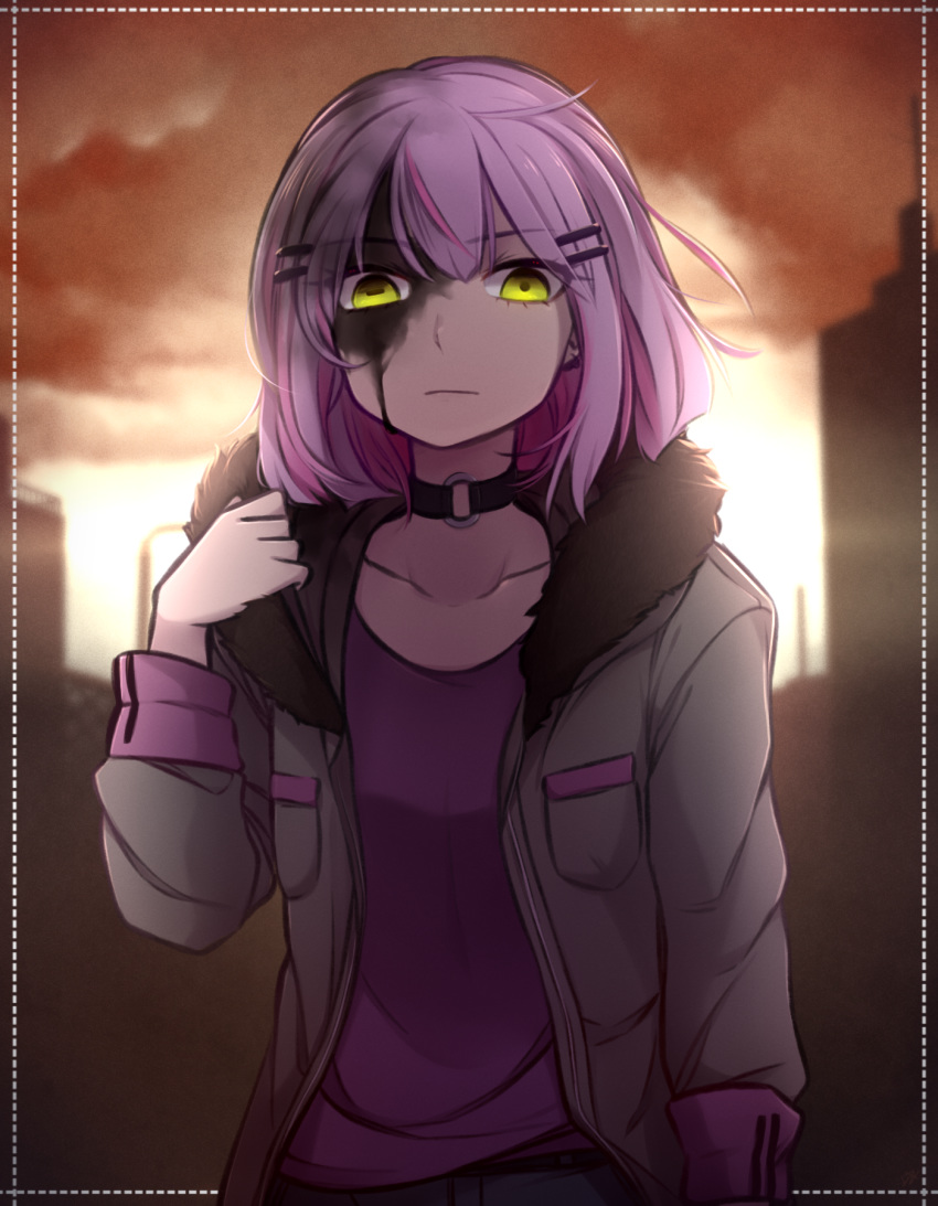 1girl, asymmetrical_pupils, bangs, black_choker, border, choker, collarbone, commentary, english_commentary, eyebrows_visible_through_hair, eyes_visible_through_hair, frown, fur-trimmed_hood, fur_trim, hair_ornament, hairclip, highres, hololive, hood, hooded_jacket, horizontal_pupils, jacket, long_sleeves, looking_at_viewer, o-ring, o-ring_choker, purple_hair, purple_shirt, shirt, short_hair, solo, speckticuls, tokoyami_towa, upper_body, virtual_youtuber, yellow_eyes