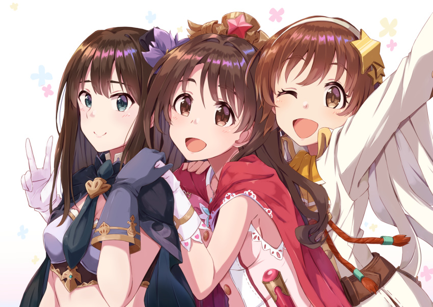 3girls, aqua_eyes, brown_eyes, brown_hair, gloves, granblue_fantasy, honda_mio, idolmaster