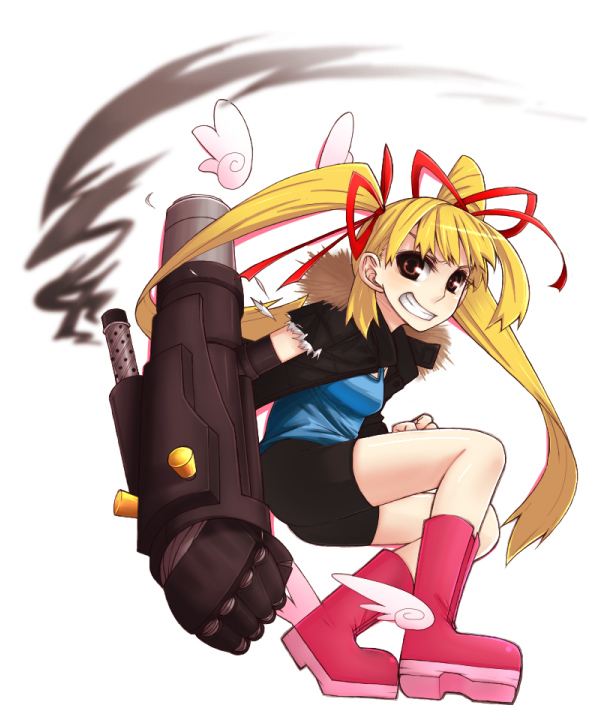bike_shorts, blonde_hair, boots, brown_eyes, detached_wings, grin, lesskiss, long_hair