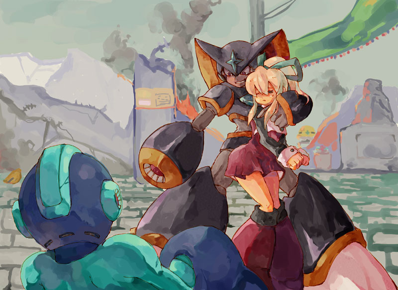 1girl, 2boys, android, arm_cannon, armor, bass, bass_(mega_man), building