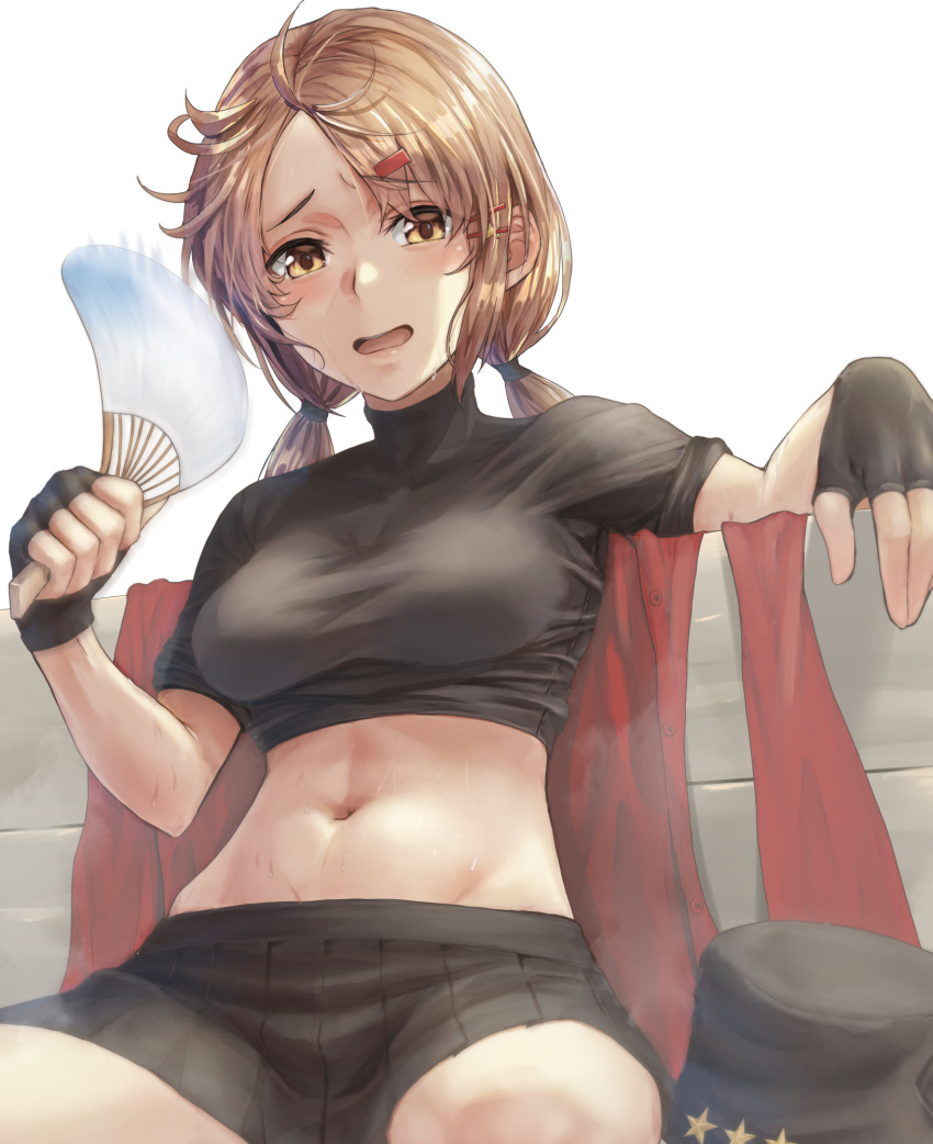 1girl, asymmetrical_bangs, bangs, black_gloves, black_headwear, black_skirt, blush, breasts