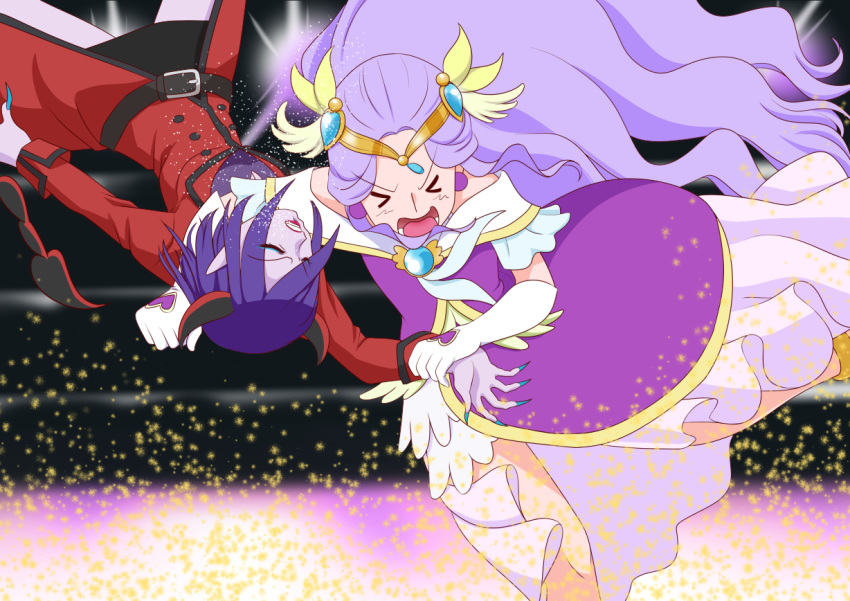 2girls, capelet, circlet, clothesline_(attack), clotheslining, cure_earth, earrings, gem, gloves, healin'_good_precure, horns, jewelry, lavender_eyes, lavender_hair, magical_girl, multiple_girls, precure, rainmaker_(wrestling), sasuke10g, shindoine, sparkle, tail, tiara, wavy_hair, wrestling_ring