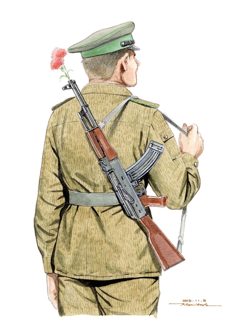 1boy, ak-47, assault_rifle, brown_hair, cowboy_shot, dated, east_german, flower