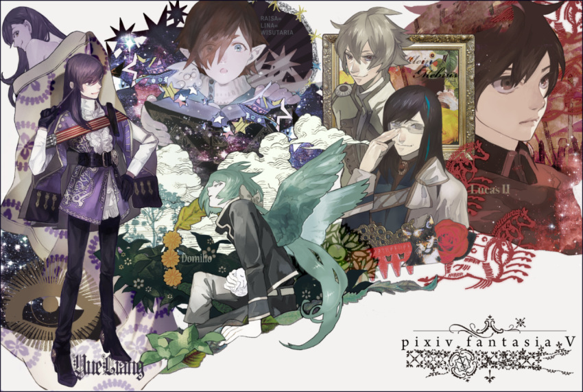 6+boys, adjusting_eyewear, androgynous, belt, black_gloves, black_hair, blanket, blue_eyes, blue_hair, book, brown_eyes, brown_hair, cloak, copyright_name, domilio_(pixiv_fantasia), fantasy, glasses, gloves, green_hair, hair_over_one_eye, hand_on_hip, heterochromia, high_heels, holding, holding_book, holding_wand, light_brown_hair, long_hair, looking_back, lucas_(pixiv_fantasia), male_focus, multicolored_hair, multiple_boys, multiple_views, nishihara_isao, open_book, pale_skin, pixiv_fantasia, pixiv_fantasia_5, pointy_ears, purple_hair, raisa_lina_wisutaria_(pixiv_fantasia), reading, red_eyes, rimless_eyewear, short_hair, smile, streaked_hair, trigard_empire, violet_eyes, wand, white_skin, wings, yellow_eyes, yue_liang_(pixiv_fantasia)