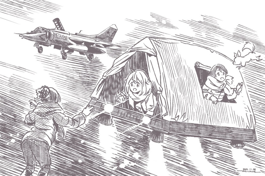 3girls, :d, aircraft, airplane, beanie, character_request, chikuwa_(yurucamp), coat