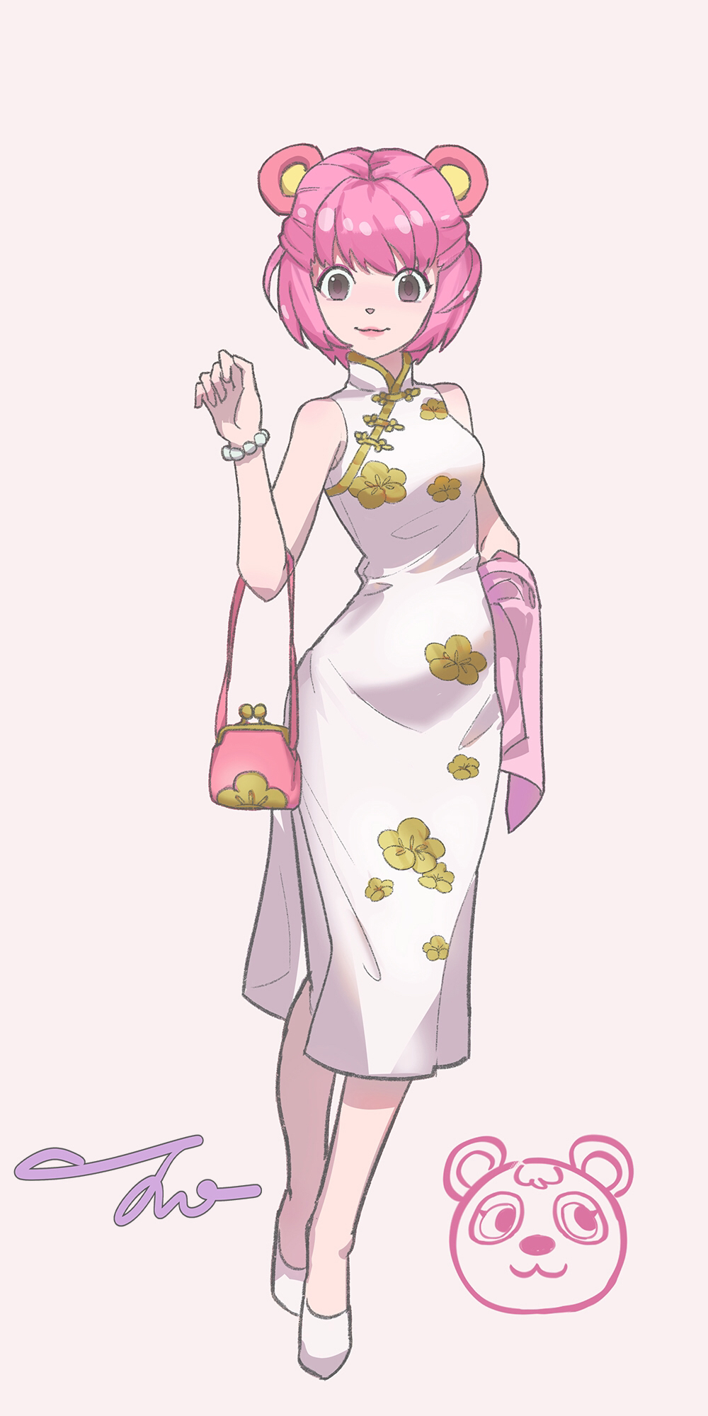 1girl, animal_ears, artist_name, bag, bear, bear_ears, bracelet, chinese_clothes