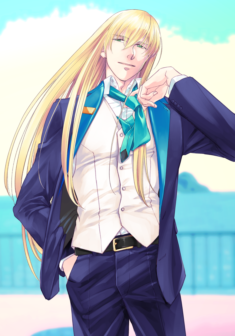 1boy, adjusting_clothes, adjusting_necktie, alternate_costume, bangs, belt, black_belt, blonde_hair