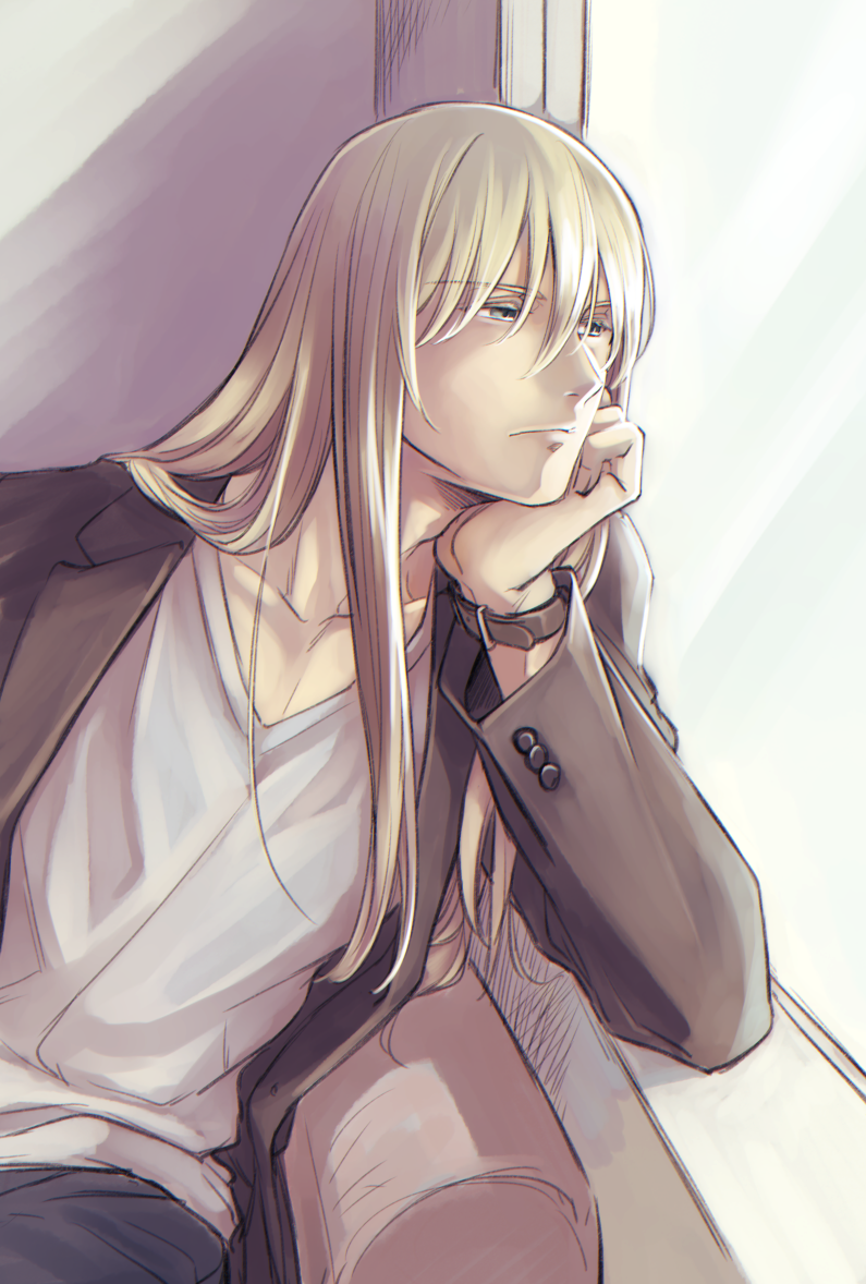 1boy, alternate_costume, bangs, blonde_hair, chest, coat, collarbone, couch