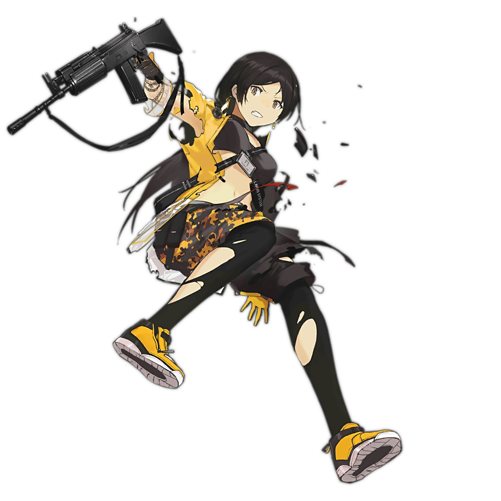 1girl, arm_tattoo, assault_rifle, bangs, black_bra, black_hair, black_legwear, bra, breasts, brown_eyes, camouflage, clenched_teeth, damaged, ear_piercing, earrings, full_body, girls_frontline, gloves, gun, holding, holding_gun, holding_weapon, insas, insas_(girls_frontline), jacket, jewelry, kieed, long_hair, looking_away, name_tag, navel, official_art, parted_bangs, piercing, rifle, shoes, shorts, solo, stomach, strap, tattoo, teeth, torn_clothes, torn_jacket, torn_legwear, torn_shorts, torn_sleeves, transparent_background, two-tone, underwear, weapon, yellow_footwear, yellow_jacket