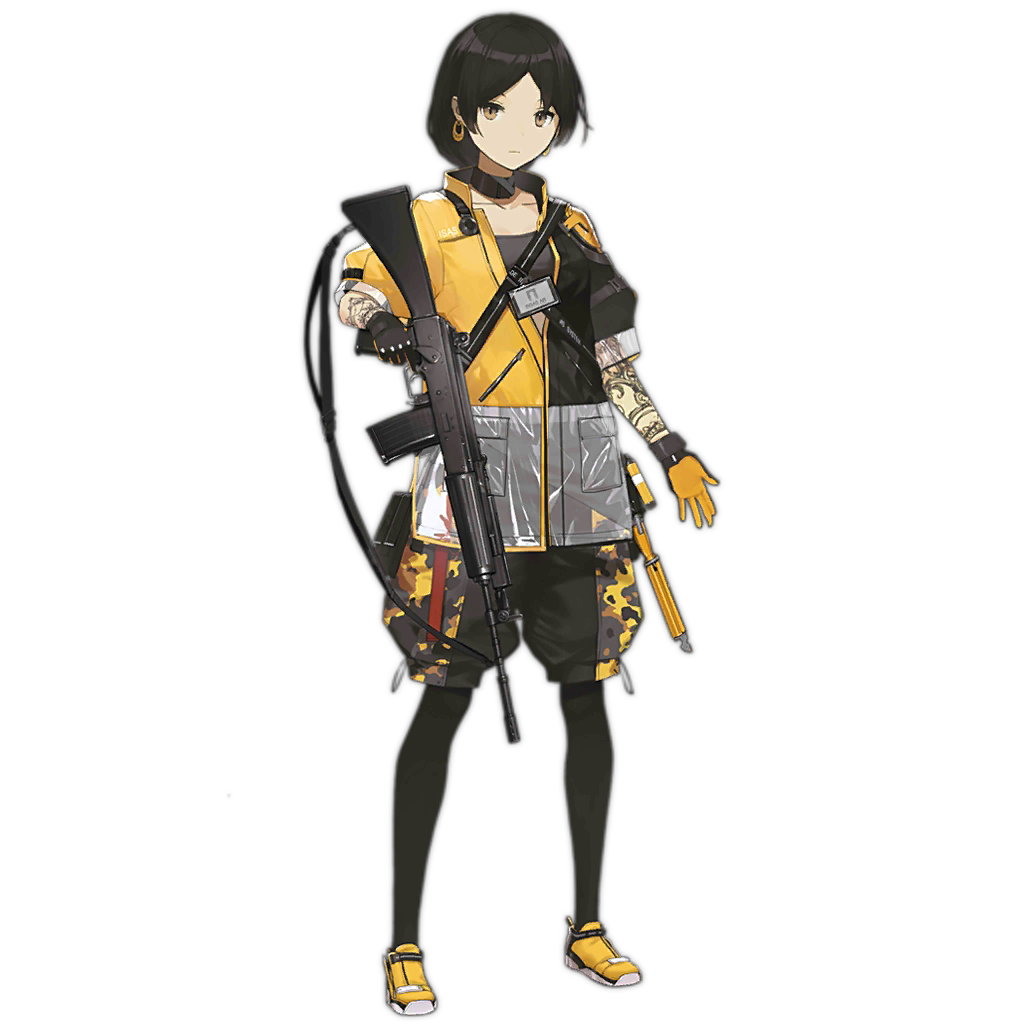 1girl, arm_tattoo, assault_rifle, baggy_shorts, bangs, black_choker, black_gloves, black_hair, black_legwear, brown_eyes, camouflage, camouflage_shorts, choker, closed_mouth, collarbone, ear_piercing, earrings, full_body, girls_frontline, gloves, gold_earrings, gun, ice_axe, insas, insas_(girls_frontline), jacket, jewelry, kieed, looking_at_viewer, name_tag, official_art, parted_bangs, piercing, rifle, shoes, shorts, sneakers, solo, standing, tattoo, transparent_background, trigger_discipline, two-tone, two-tone_gloves, weapon, yellow_footwear, yellow_gloves, yellow_jacket