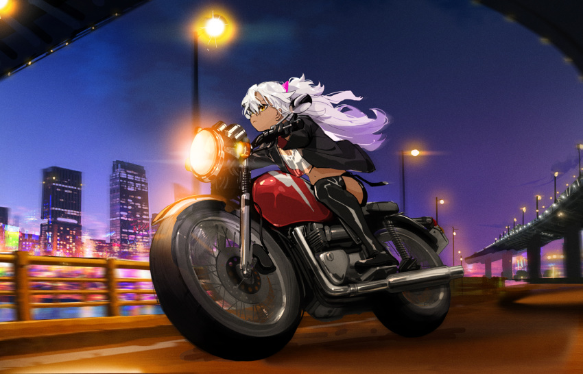 1girl, black_footwear, black_jacket, black_shorts, boots, building, cityscape, crop_top