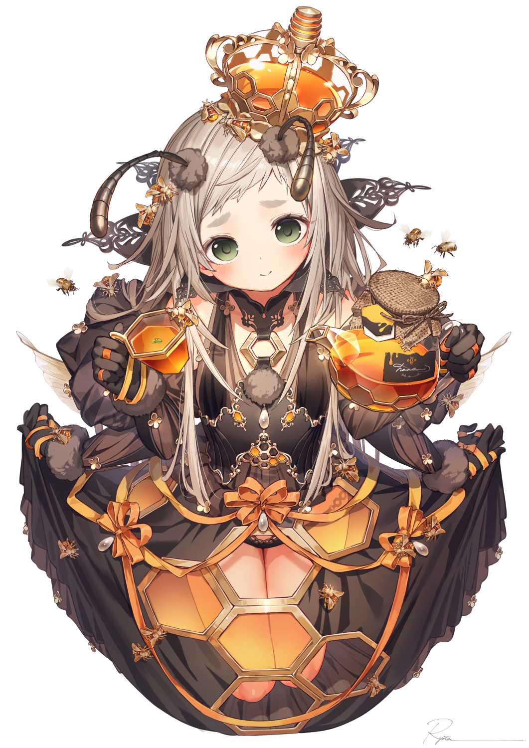 1girl, animal, antennae, bangs, bare_shoulders, bee, bee_girl, black_dress