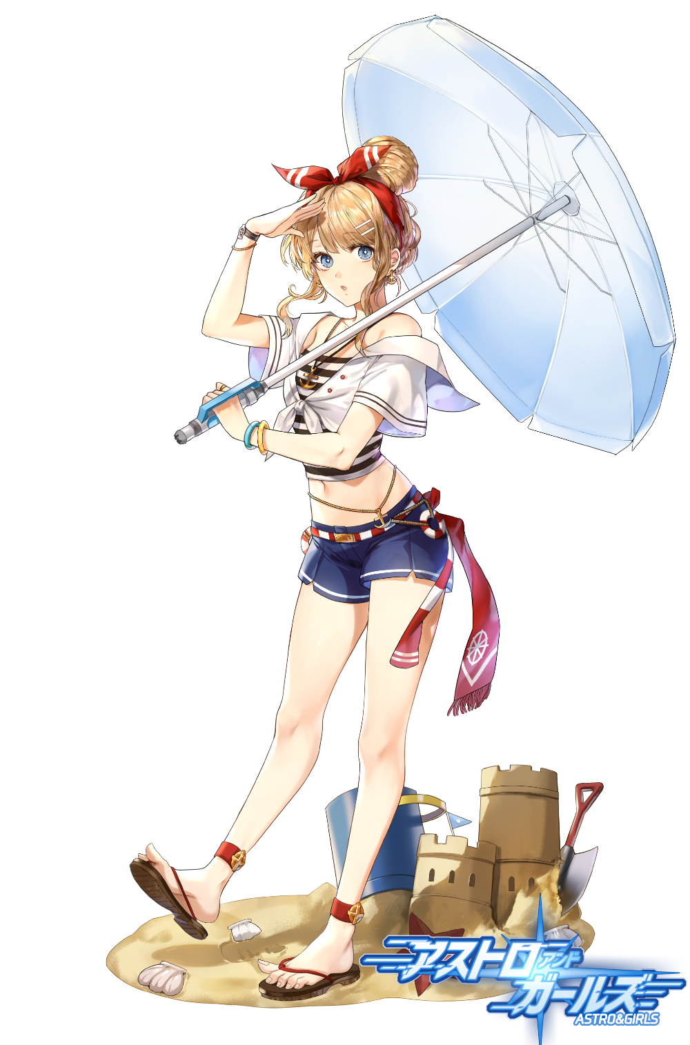 1girl, anklet, arm_up, astro_and_girls, blue_eyes, blue_shorts, bracelet, brown_hair