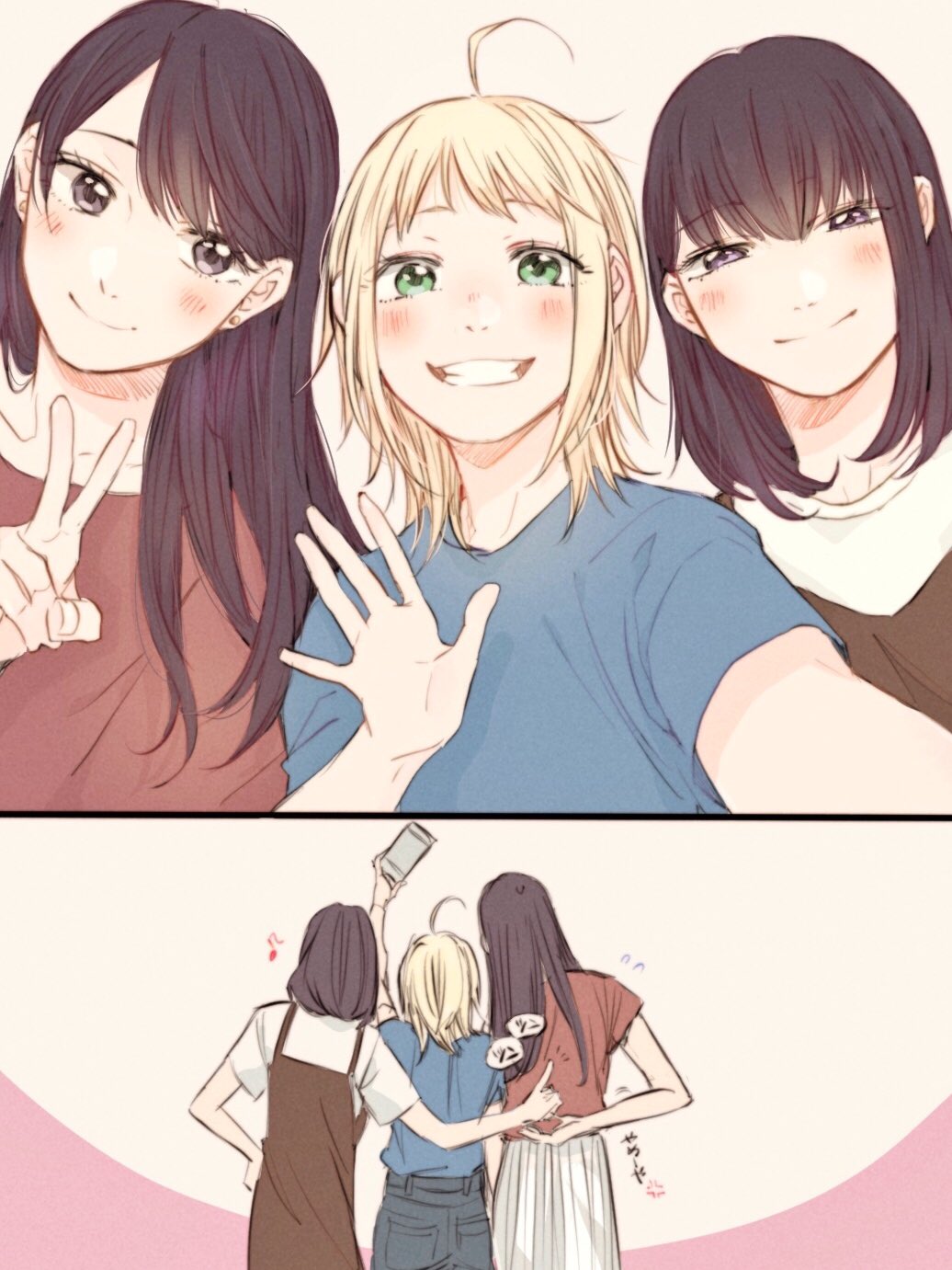 2dk_g_pen_mezamashidokei, 3girls, ahoge, anger_vein, black_hair, blonde_hair, blush, cellphone