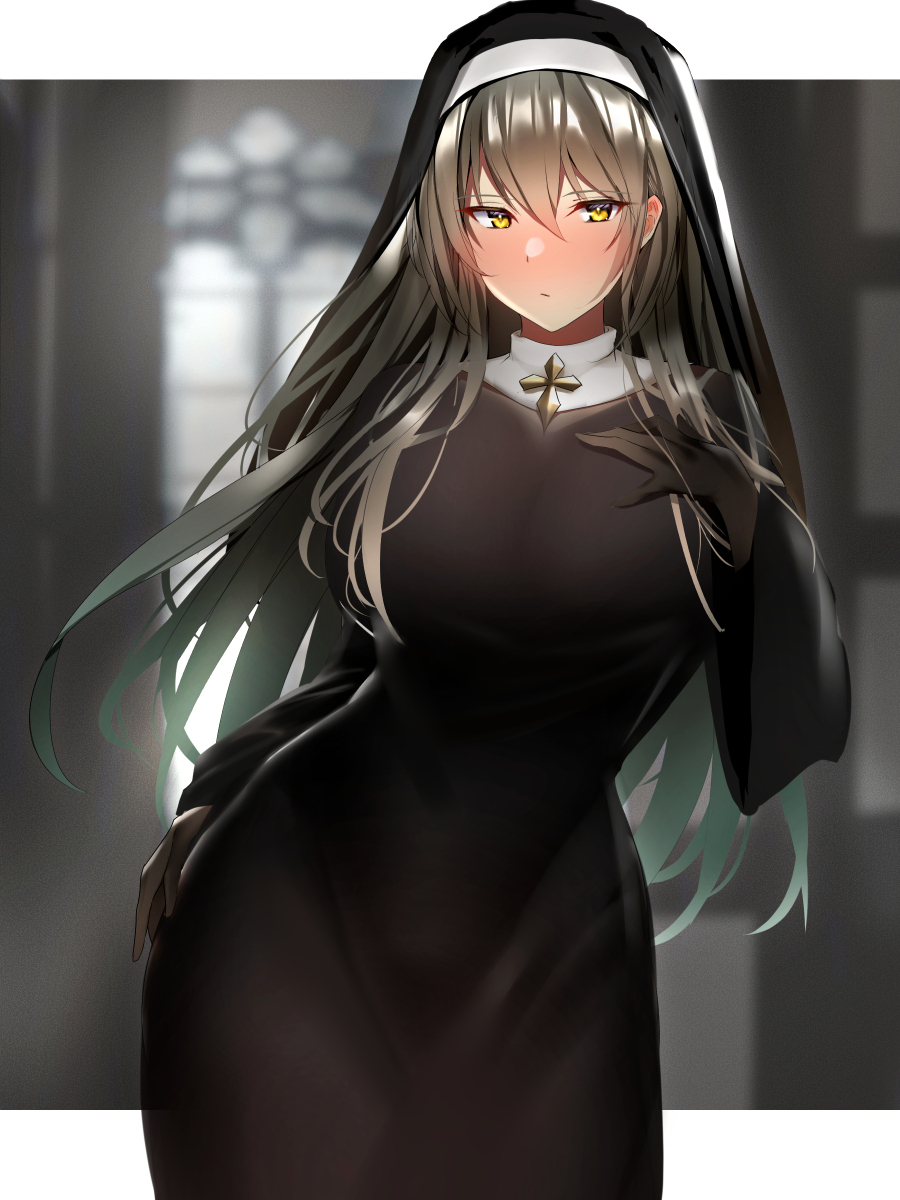 1girl, bangs, black_dress, black_gloves, blush, breasts, closed_mouth, cross, dress, elbow_gloves, gloves, grey_hair, habit, hair_between_eyes, hand_on_own_chest, highres, large_breasts, long_hair, long_sleeves, looking_at_viewer, nun, original, wide_sleeves, yellow_eyes, yuyutan0904