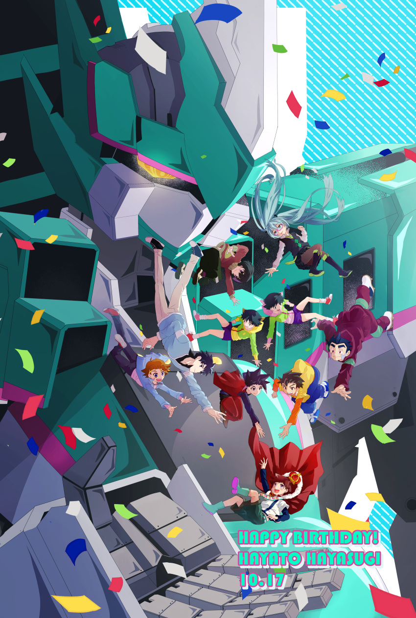 1girl, 6+boys, absurdres, black_hair, blue_eyes, blue_hair, brown_hair, cape, character_name, crown, daimonyama_tsuranuki, e5_hayabusa_(shinkalion), everyone, falling, glowing, glowing_eyes, gotsubashi_gin, gotsubashi_jou, hatsune_miku_(shinkalion), hayasugi_hayato, highres, huge_filesize, kirishima_takatora, kiyosu_ryuuji, mecha, multiple_boys, oga_akita, oozora_rei, open_hand, outstretched_arms, reaching_out, senta_(ysk_0218), shinkansen_henkei_robo_shinkalion, short_hair, siblings, tsukiyama_shinobu, twins, twintails, violet_eyes, yellow_eyes