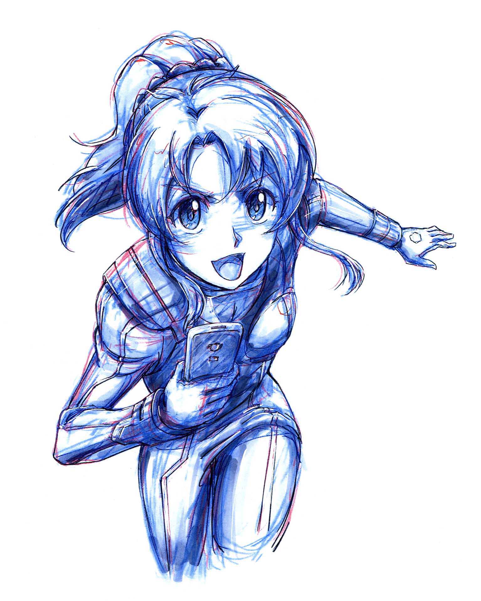 1girl, buddy_complex, buddy_complex:_coupling_in_battlefield, cellphone, chloe_villa, commentary, eyebrows_visible_through_hair, gata2013