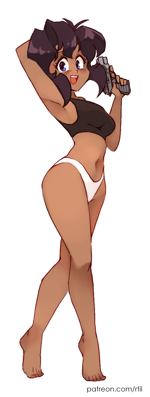 1girl, arm_up, armpits, barefoot, black_hair, black_sports_bra, blue_eyes, blush, bottomless, breasts, cz-75, dark_skin, full_body, gun, gunsmith_cats, handgun, highres, holding, holding_gun, holding_weapon, legs, looking_at_viewer, medium_breasts, navel, panties, rally_vincent, rtil, short_hair, solo, tiptoes, toes, trigger_discipline, underwear, underwear_only, weapon, white_panties
