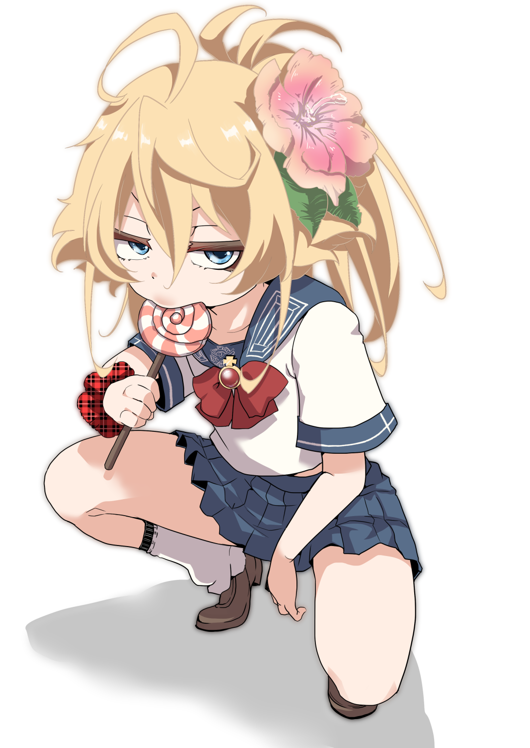 1girl, ahoge, blonde_hair, blue_eyes, blue_skirt, blush, candy, collarbone, flower, food, full_body, hair_flower, hair_ornament, hal_(goshujinomocha), highres, lollipop, looking_at_viewer, looking_up, necktie, red_neckwear, school_uniform, serafuku, shadow, shiny, shiny_hair, simple_background, skirt, solo, tanya_degurechaff, white_background, youjo_senki