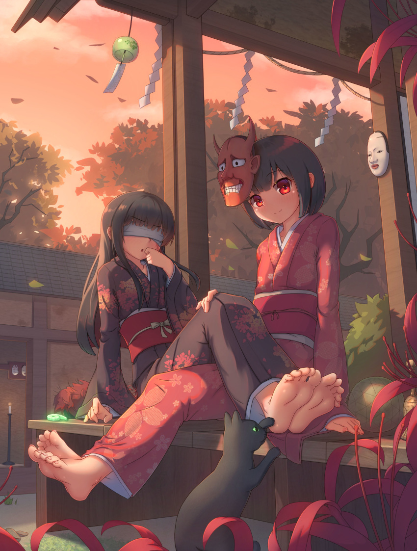 2girls, absurdres, barefoot, bench, black_hair, black_kimono, blindfold, cat