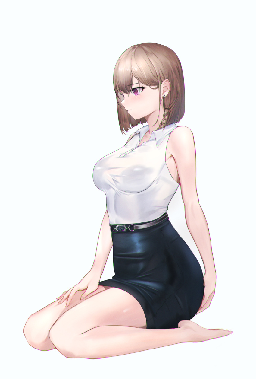 1girl, bangs, bare_shoulders, barefoot, bario, belt, black_skirt, blush