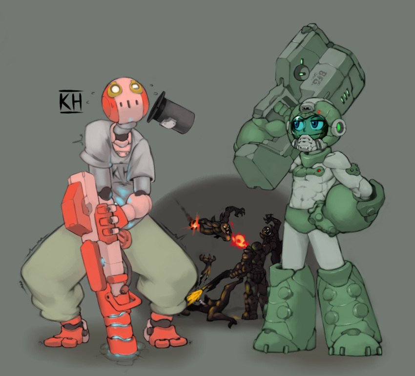 3boys, 3others, android, arm_cannon, battle, bfg_9000, blue_eyes, cosplay