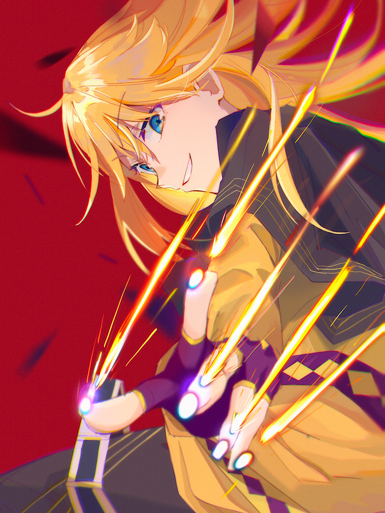 1boy, bangs, belt, blonde_hair, blue_eyes, chisato_(surastike), cowboy_shot, fingerless_gloves, gloves, long_hair, long_sleeves, looking_at_viewer, poncho, red_background, shirt, smile, sparks, thor_(index), to_aru_majutsu_no_index, to_aru_majutsu_no_index:_new_testament, yellow_shirt