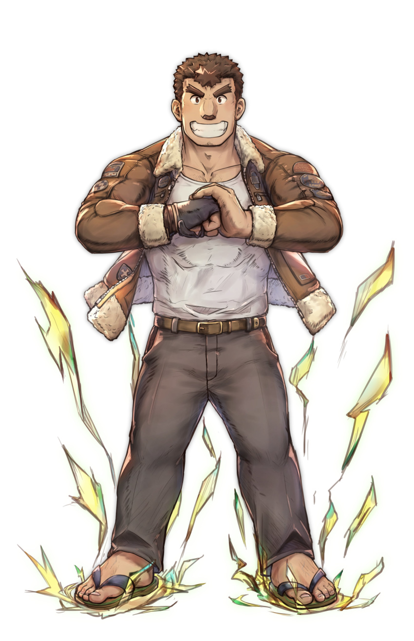 1boy, absurdres, bara, barry_go, beard, belt, black_hair, blush, brown_hair, chest, collarbone, energy, facial_hair, full_body, hands_together, highres, jacket, kengo_(tokyo_houkago_summoners), long_sleeves, looking_at_viewer, male_focus, manly, muscle, open_clothes, pants, sandals, simple_background, single_sleeve, smile, solo, tank_top, teeth, thick_eyebrows, thighs, tokyo_houkago_summoners