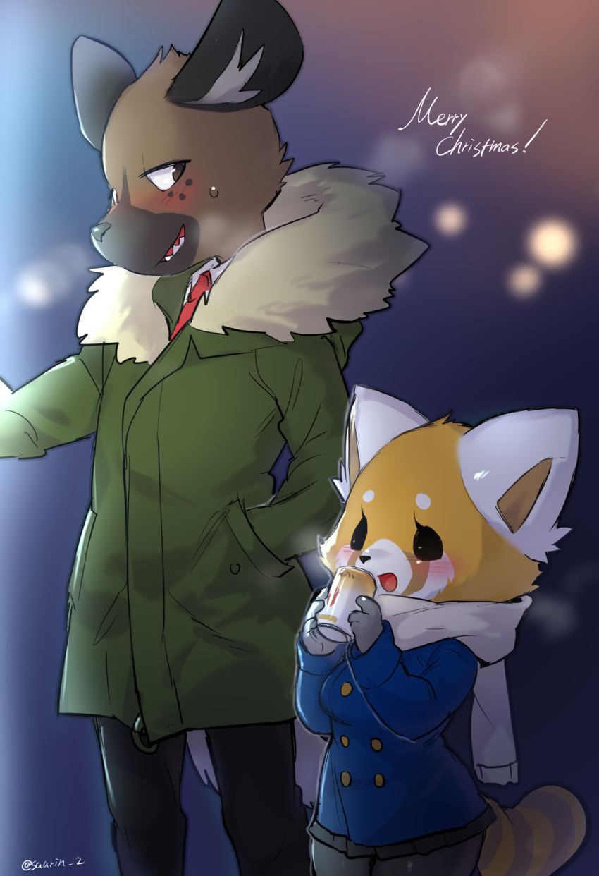 1boy, 1girl, :d, aggressive_retsuko, animal_nose, black_eyes, black_fur, black_skirt