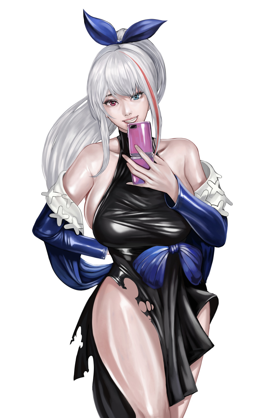 1girl, absurdres, bangs, bare_shoulders, black_dress, blue_eyes, breasts, collarbone