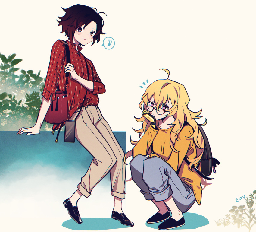 2girls, ahoge, alternate_costume, backpack, bag, blonde_hair, cellphone, ecru