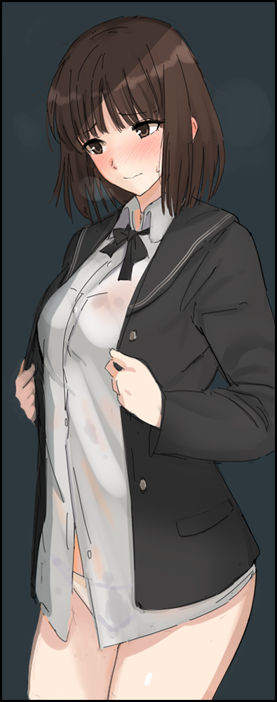 1girl, adjusting_clothes, amagami, bangs, black_background, black_bow, black_jacket, black_neckwear