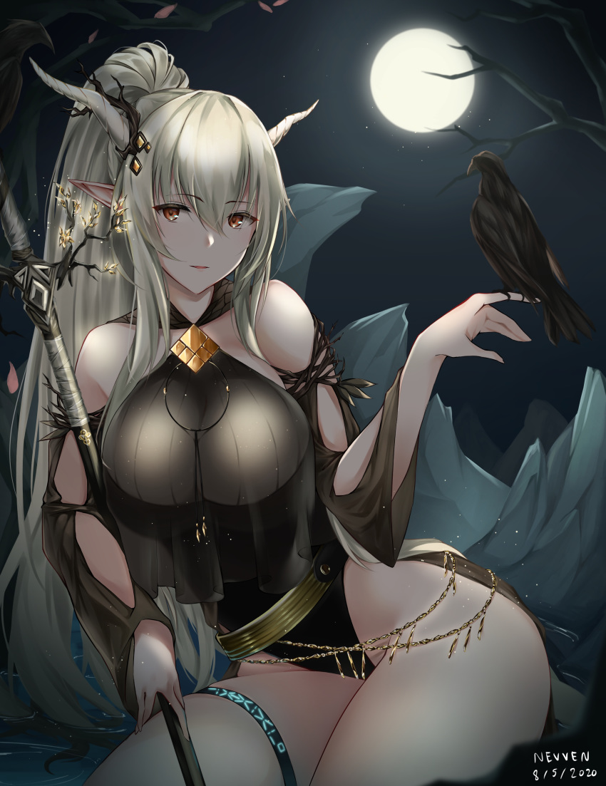 1girl, absurdres, arknights, artist_name, bare_legs, bare_tree, bird, bird_on_finger