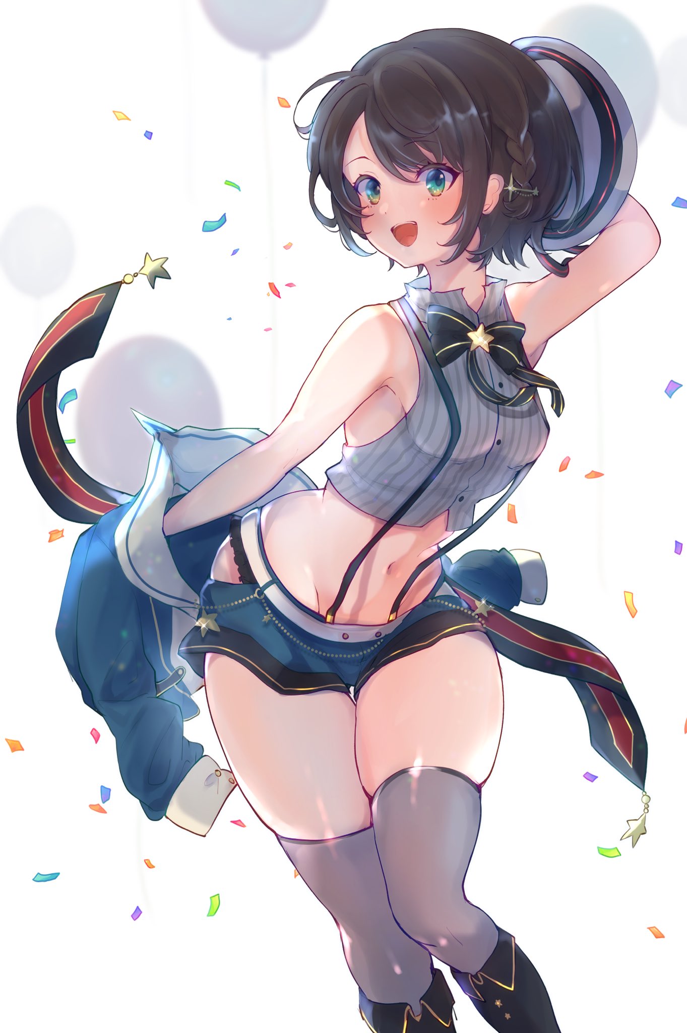 1girl, bangs, black_hair, blue_eyes, blue_jacket, blue_sky, blush, braid, breasts, confetti, crop_top, highres, hololive, jacket, looking_at_viewer, navel, oimo_0imo, oozora_subaru, open_mouth, short_hair, shorts, simple_background, sky, sleeveless, smile, solo, suspender_shorts, suspenders, thigh-highs, thigh_gap, thighs, virtual_youtuber, white_background, white_headwear