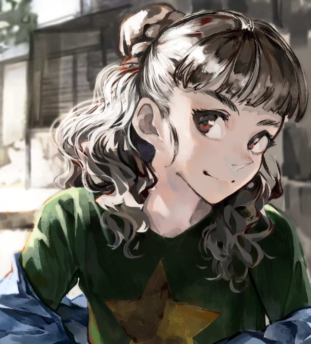 1girl, audrey_hepburn, bangs, blue_jacket, blunt_bangs, blurry, blurry_background, braid
