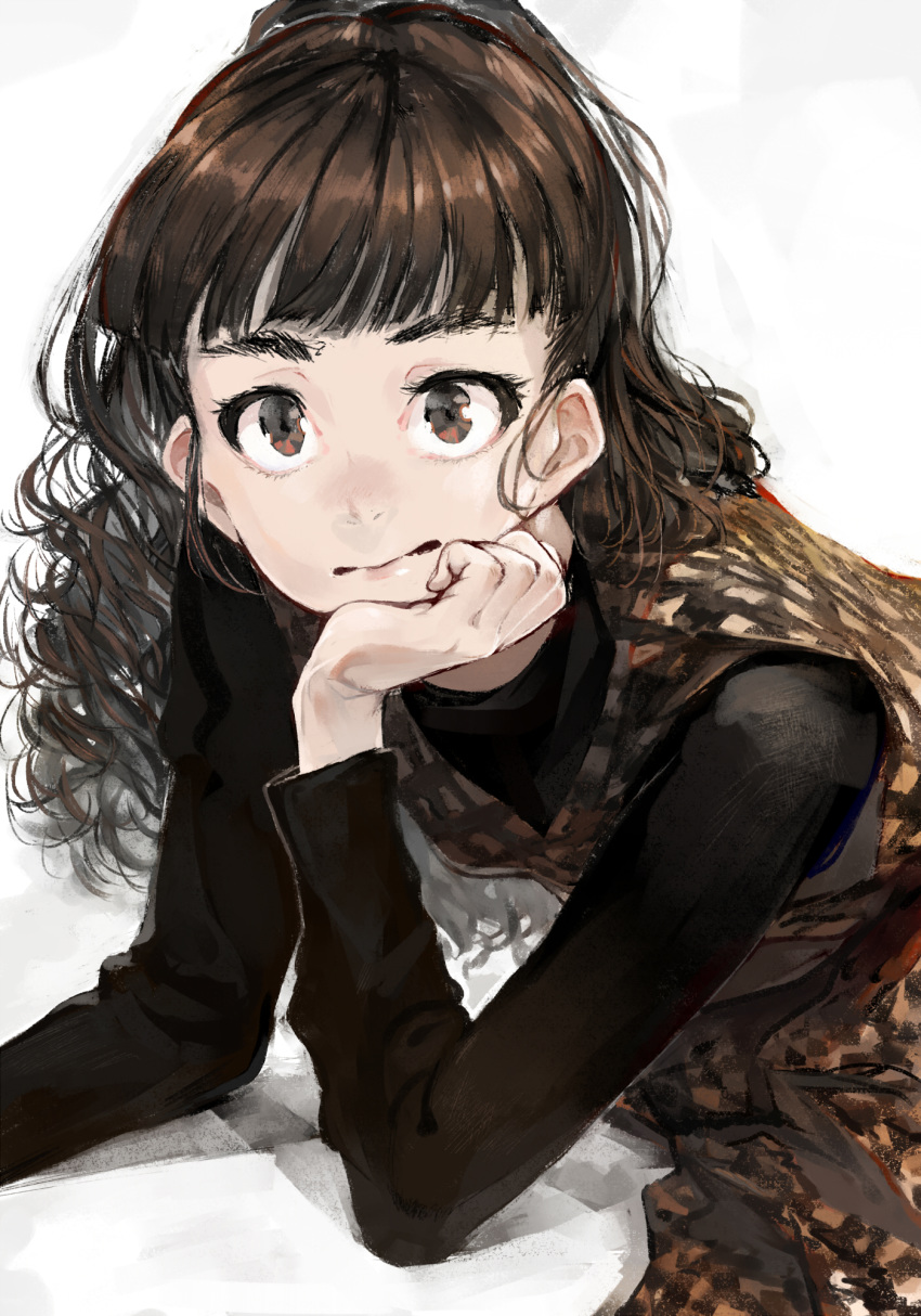 1girl, audrey_hepburn, bangs, black_sleeves, blunt_bangs, brown_dress, brown_hair, checkered