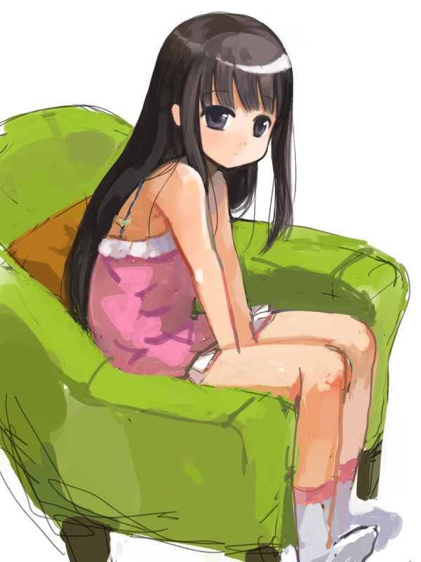 bad_id, black_eyes, black_hair, camisole, couch, hizashi_no_naka_no_real, long_hair, sitting