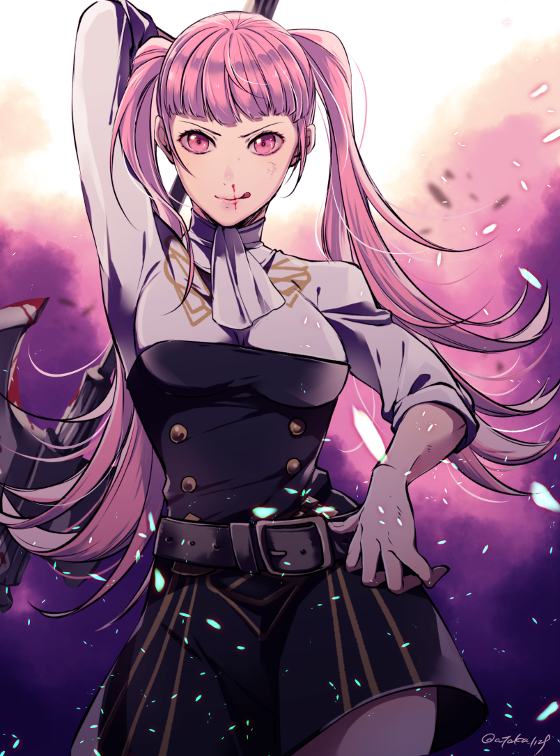 1girl, arm_up, ataka_takeru, axe, belt, blood, closed_mouth, fire_emblem, fire_emblem:_three_houses, fire_emblem:_three_houses, fire_emblem_16, garreg_mach_monastery_uniform, hilda_valentine_goneril, holding, holding_axe, intelligent_systems, licking_lips, long_hair, nintendo, nosebleed, pink_eyes, pink_hair, solo, tongue, tongue_out, twintails, twitter_username, uniform, weapon, yandere