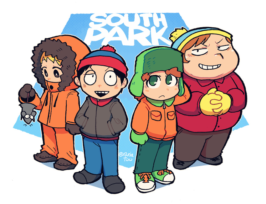4boys, black_hair, blonde_hair, blush, brown_hair, closed_mouth, coat, comedy_central