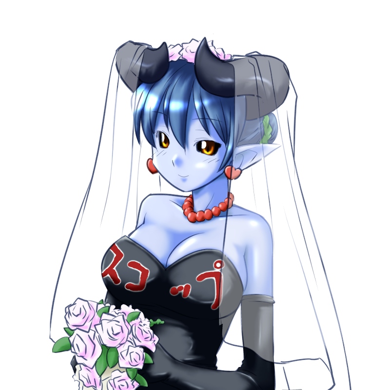astaroth, bare_shoulders, black_sclera, blue_hair, blue_skin, bouquet, breasts, bridal_veil