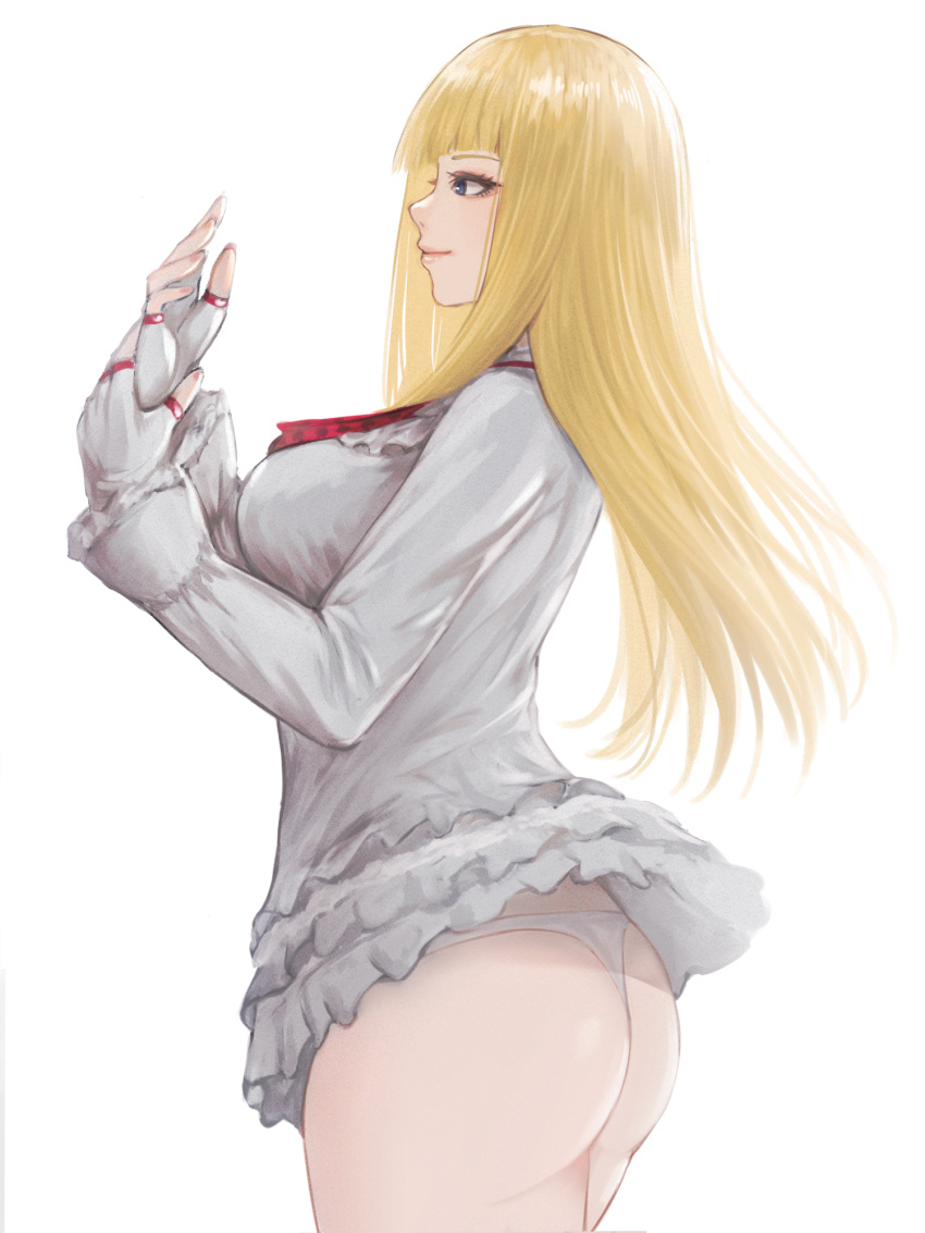 1girl, ass, bangs, blonde_hair, blue_eyes, breasts, closed_mouth, commentary_request, detached_sleeves, emilie_de_rochefort, fingerless_gloves, fingernails, from_side, gloves, highres, layered_skirt, lili_(tekken), lips, long_hair, long_sleeves, looking_away, medium_breasts, miniskirt, namco, nyatokanyaru, panties, shiny, shiny_hair, simple_background, skirt, smile, solo, tekken, thighs, underwear, white_background, white_panties