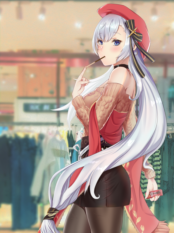 1girl, aran_sweater, azur_lane, bag, bare_shoulders, belfast_(azur_lane), belfast_(shopping_with_the_head_maid)_(azur_lane), beret