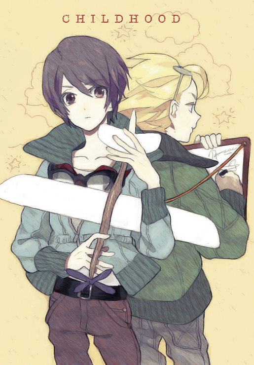 2boys, black_hair, blonde_hair, bomber_jacket, brown_eyes, eyewear_on_head, glasses, goggles, heterochromia, jacket, magnus_(pixiv_fantasia), male_focus, moon_(pixiv_fantasia), multiple_boys, nishihara_isao, pixiv_fantasia, pixiv_fantasia_2, short_hair, toy_airplane, violet_eyes, younger