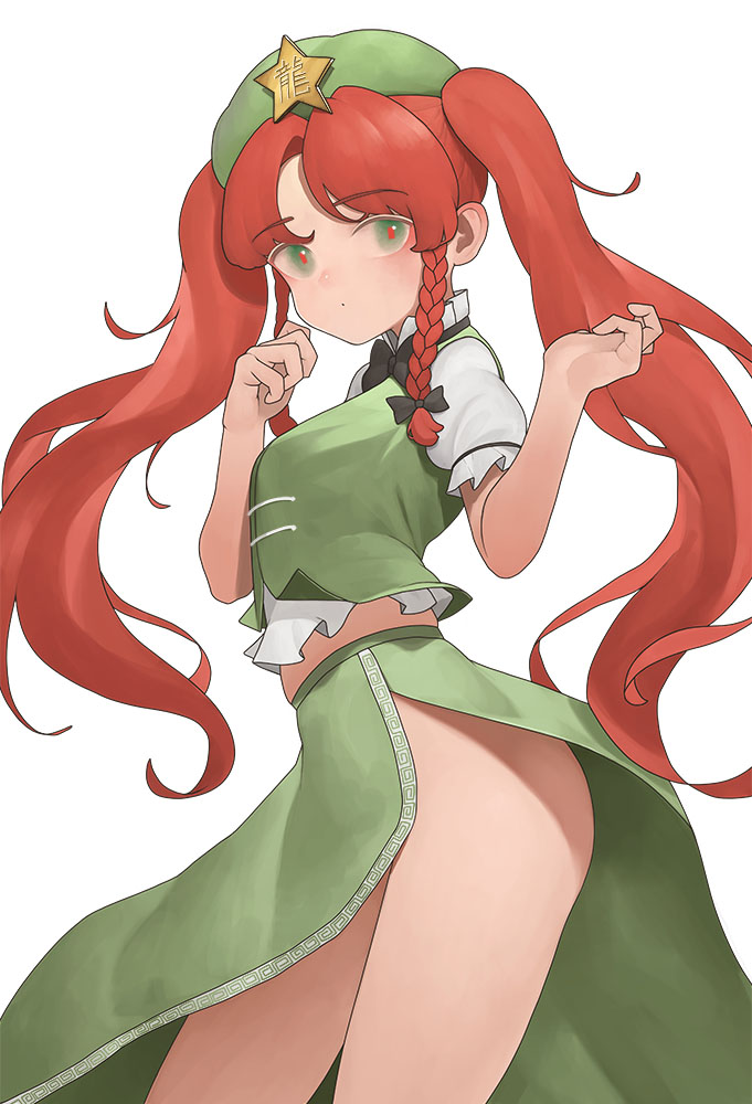 1girl, bangs, beret, braid, djjj5322, eyebrows_visible_through_hair, green_eyes, hat, hong_meiling, long_hair, no_panties, red_eyes, redhead, side_slit, simple_background, solo, star_(symbol), thighs, touhou, twin_braids, twintails, white_background