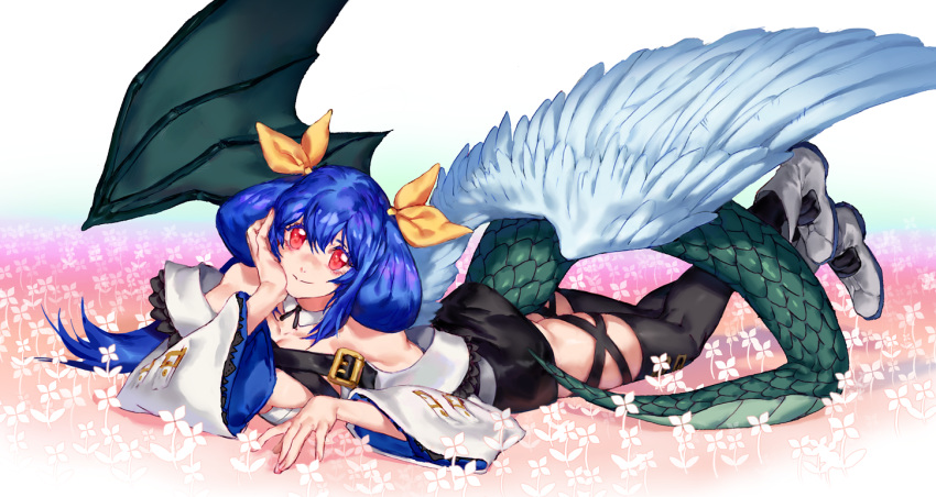 1girl, asymmetrical_wings, bangs, blue_hair, boots, breasts, choker, detached_sleeves