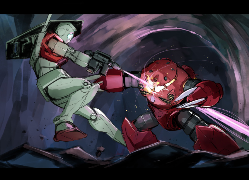 absurdres, beam_rifle, energy_gun, explosion, fighting, gm_(mobile_suit), gun, gundam