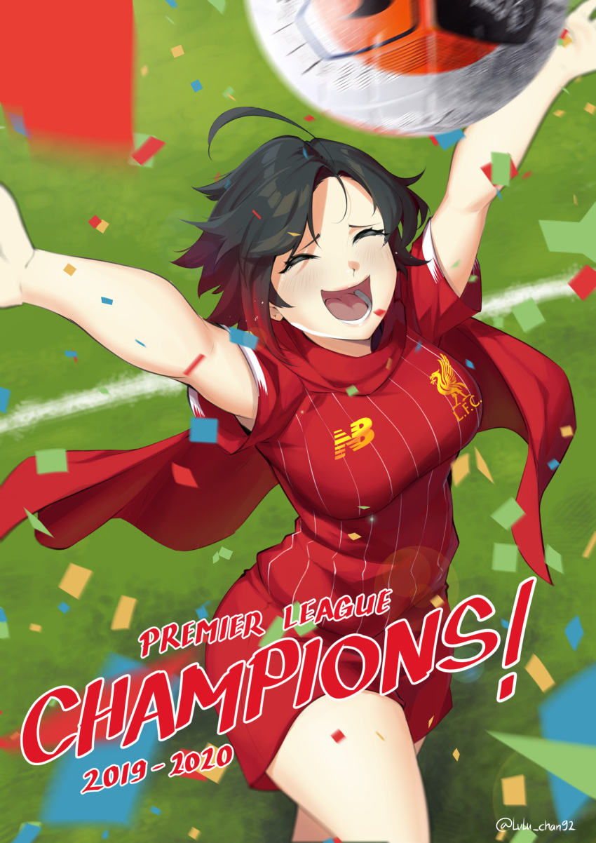 1girl, ball, black_hair, blurry, blurry_foreground, cape, closed_eyes, depth_of_field, from_above, gradient_hair, highres, lulu-chan92, multicolored_hair, persib_bandung, premier_league, red_cape, redhead, ruby_rose, rwby, short_hair, soccer, soccer_ball, soccer_field, soccer_uniform, solo, sportswear, two-tone_hair