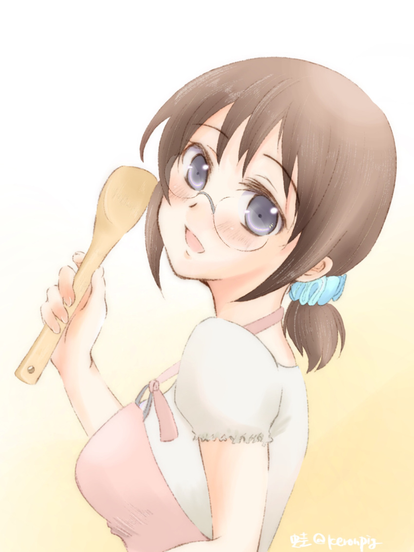 1girl, :d, apron, artist_name, ase_to_sekken, blue_scrunchie, brown_hair, glasses