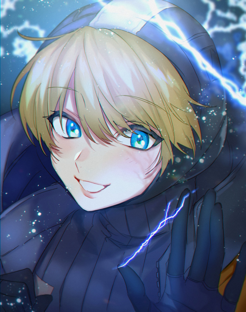 1girl, :d, absurdres, apex_legends, bangs, biribiri, black_gloves, black_sweater