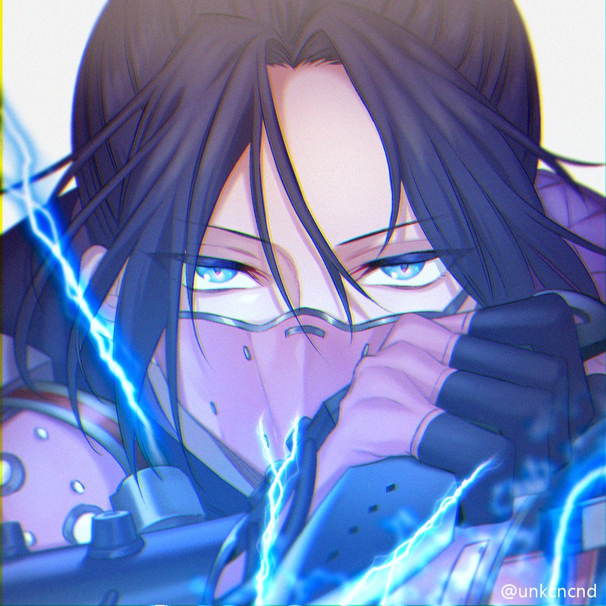 1girl, apex_legends, bangs, biribiri, black_bodysuit, black_gloves, black_hair, blue_eyes, bodysuit, commentary_request, electricity, eyebrows_visible_through_hair, gloves, hair_between_eyes, hair_bun, half-closed_eyes, highres, holding, holding_knife, holding_weapon, knife, kunai, looking_at_viewer, parted_bangs, short_hair, simple_background, solo, twitter_username, unkcncnd, upper_body, weapon, white_background, wraith_(apex_legends)